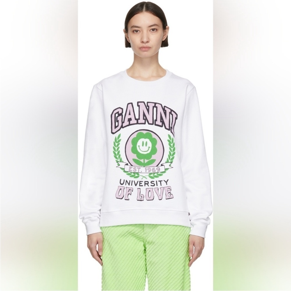 NWT GANNI Flower University Of Love Printed Organic Cotton Sweatshirt White S